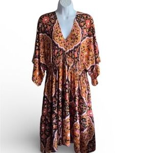 Dreamcatcher V-Neck Midi Dress - Orange and Black